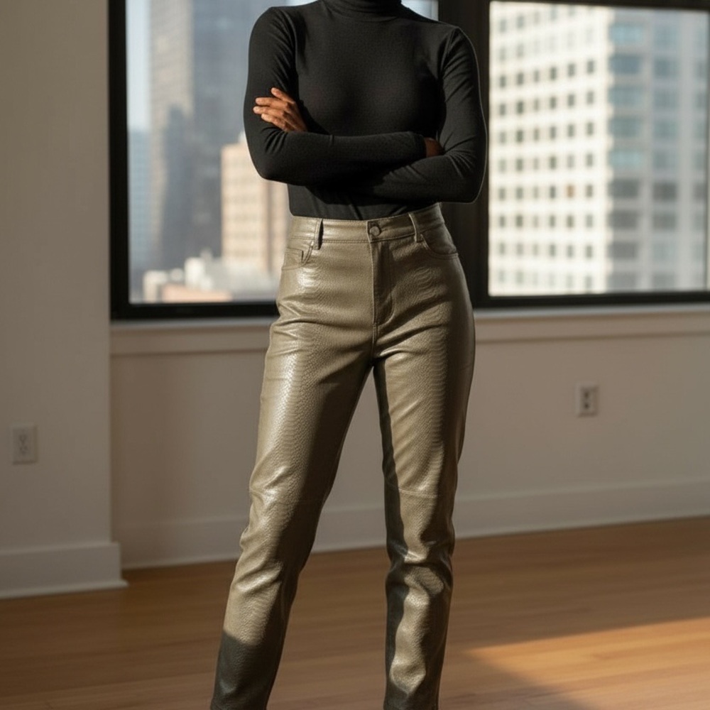 Olive Green Leather Pants in snake skin texture